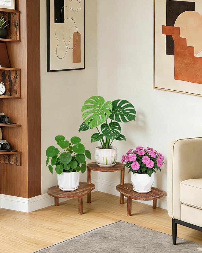 Convex Corner Plant Stand Indoor Outdoor, Wood Adjustable Plant Shelf, Long - Image 7