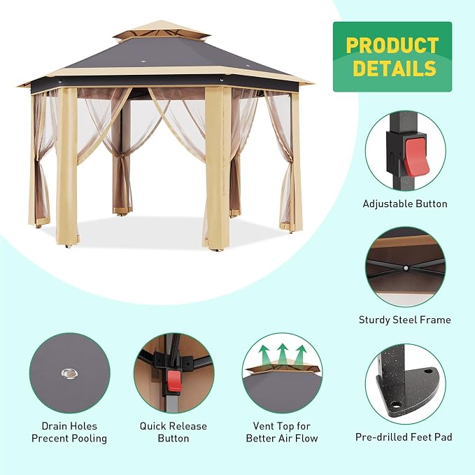 13' x 13' Pop-Up Gazebo, Hexagonal Canopy Shelter - Image 5