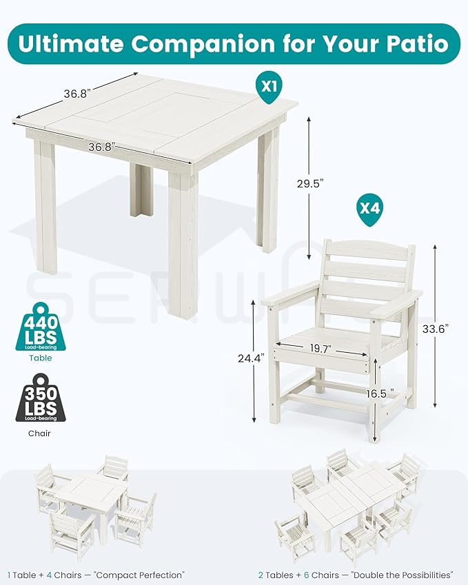 SERWALL Outdoor Dining Set for 4, HDPE Square Table and Chairs Set All Weather - Image 2