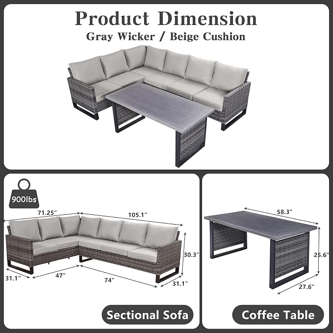 Belord Outdoor Sectional Sofa 6 Seater L Shaped Couch Wicker Patio Conversation - Image 2