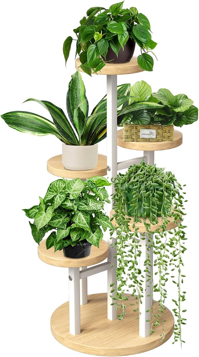 GEEBOBO 5 Tier Plant Stand Indoor, Metal Wood Plant Stands by GEEBOBO