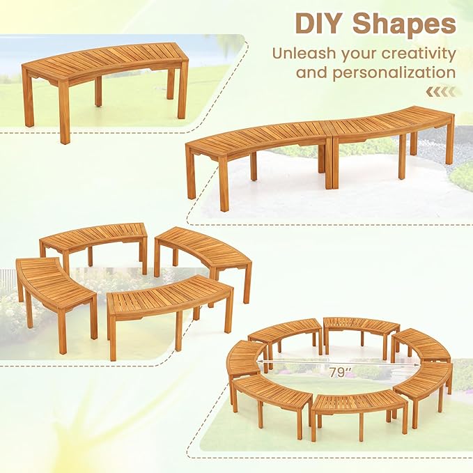 Tangkula Outdoor Curved Bench, Acacia Wood Fire Pit Bench w/Slatted Seat - Image 8