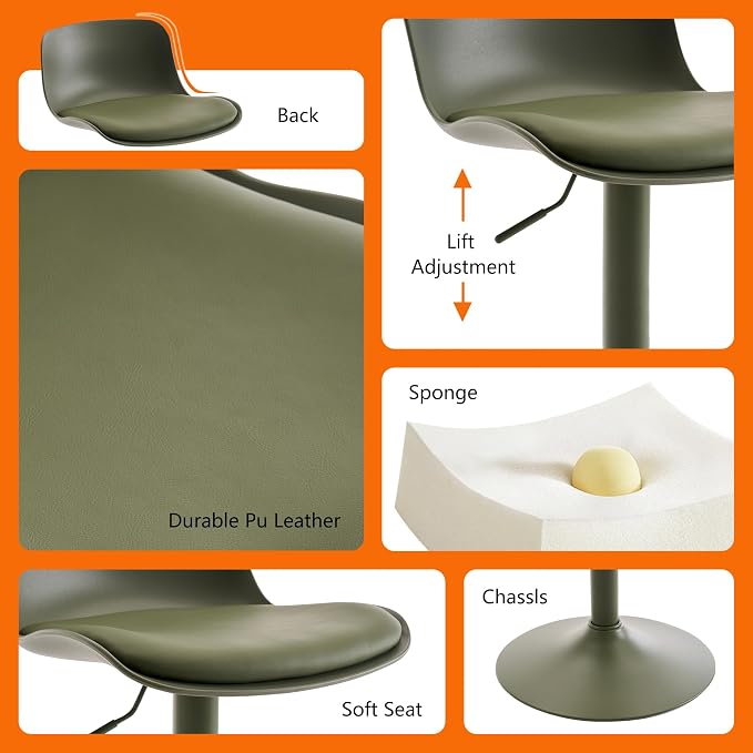 Kidol & Shellder Bar Stools Set of 2 Olive Green Adjustable Swivel Counter - Image 5