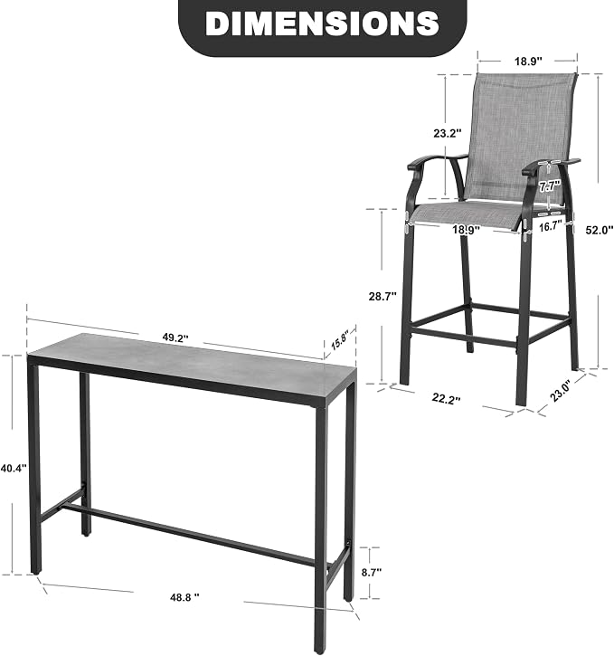 NUU GARDEN 3 Piece Patio Bar Set, 2 Textilene High Bar Stools and 1 Patio Bar - Image 6