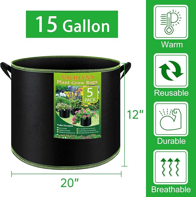 NACHLYNN 5-Pack 15 Gallon Grow Bags Thickened Nonwoven Fabric Pots Heavy Duty - Image 2