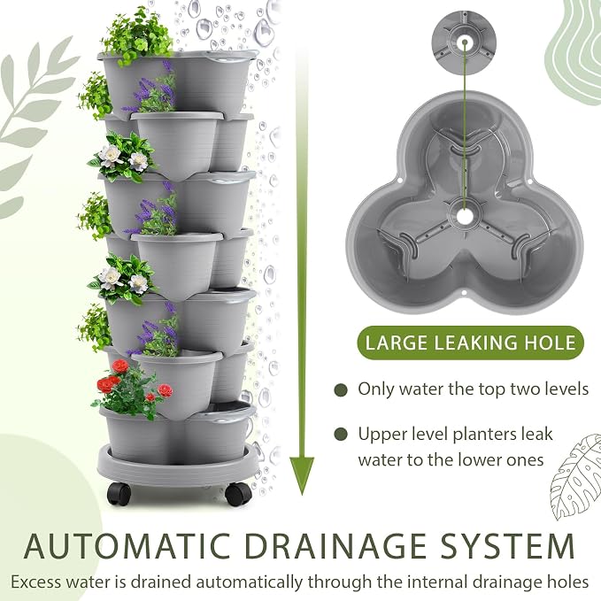 Umigy 2 Set Light Gray 7 Tier Stackable Vertical Planters - Image 4