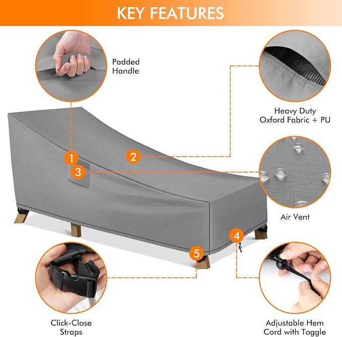WLEAFJ Patio Chaise Lounge Cover Waterproof, Heavy Duty Outdoor Lounge Chair - Image 3