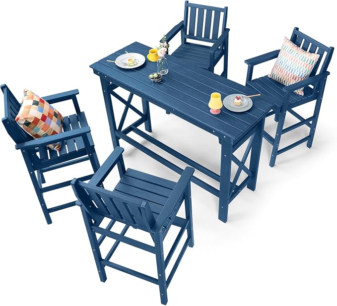 5-Piece HDPE Patio Bar Set, Rectangular Bar Height Table and 4 Adirondack Bar by SeeHill