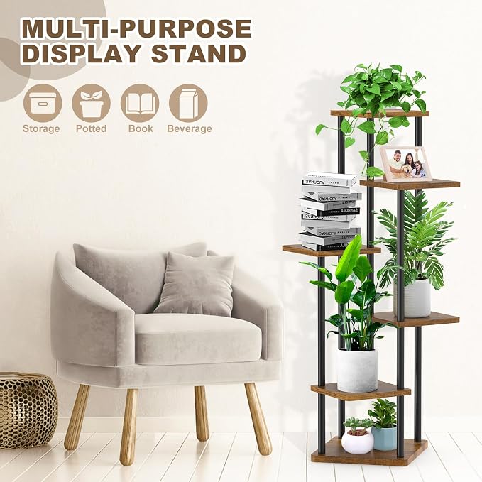 6 Tier Wood Tall Plant Stand Metal Rack Indoor, Planter Shelf Display Rack - Image 3