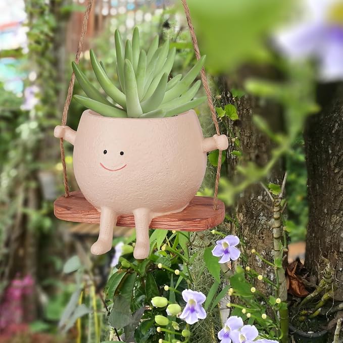 AFFLAT Smiley Face Flower Pot, Swinging Hanging Planter, Resin Smiley Face - Image 3