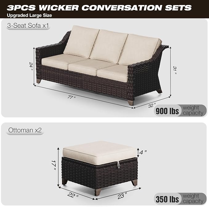 Joyside Patio Furniture Set, 3 Pieces Outdoor Wicker High Back Sofa - Image 2