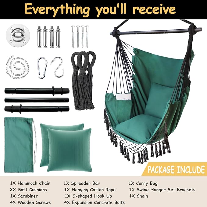 Hammock Chair Hanging Rope Swing Chair, Max 450 Lbs, Large Hanging Chair - Image 3