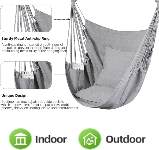 Goutime Hammock Chair, Boho Hanging Rope Ceiling Swing, Macrame Hanging - Image 3