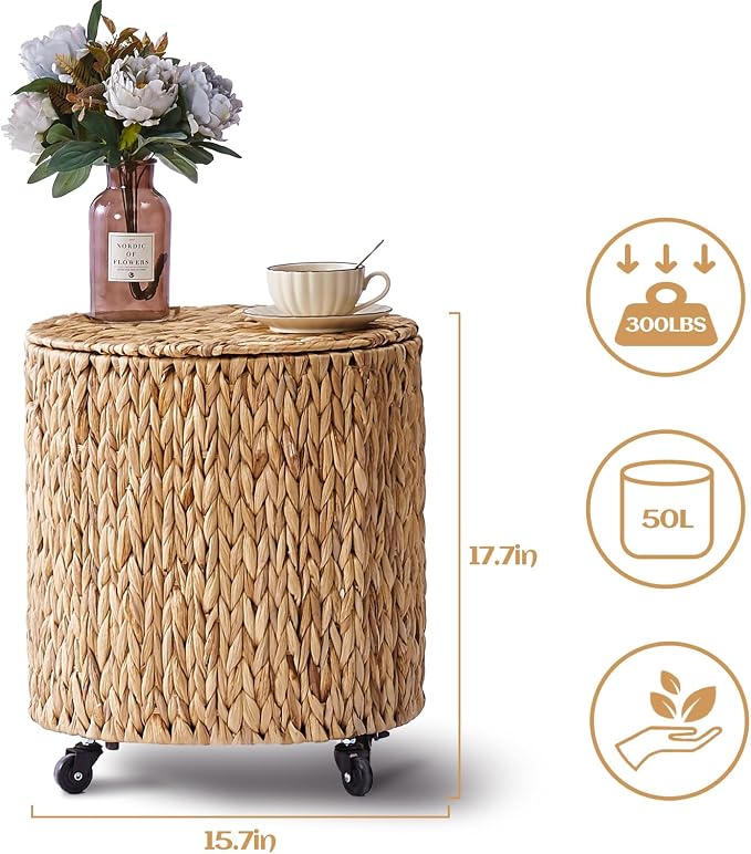 Wimarsbon Round Pouf Ottomans, Handwoven Natural Water Hyacinth Seagrass Pouffe - Image 3