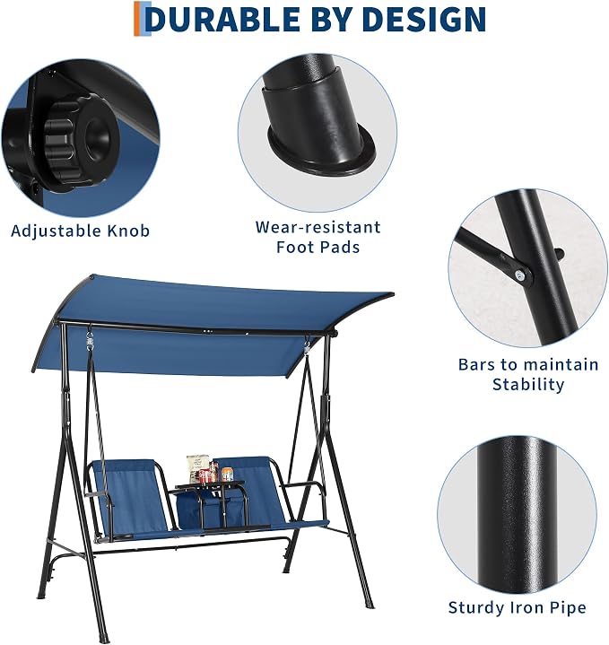 Porch Swing with Cup Holders & Pivot Storage Table & Cooler Bag with Adjustable - Image 5