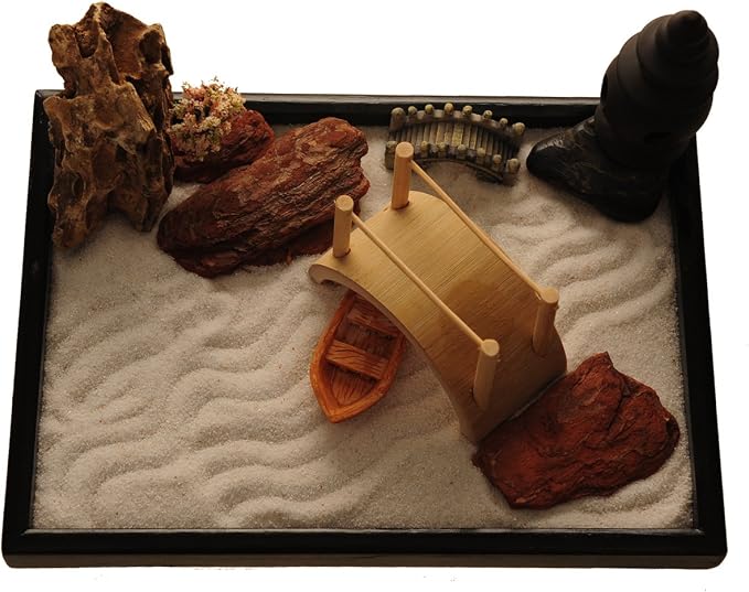 Zen Garden with Boat Bridge Japanese Censers Set with Free Rake and Pushing - Image 2