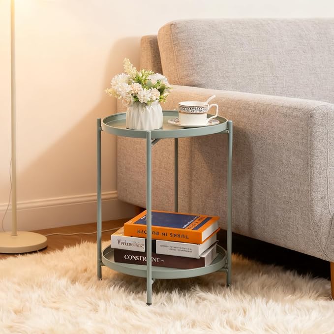 HollyHOME 2-Tier Round Side Table, Outdoor Small Folding Accent Stand - Image 6