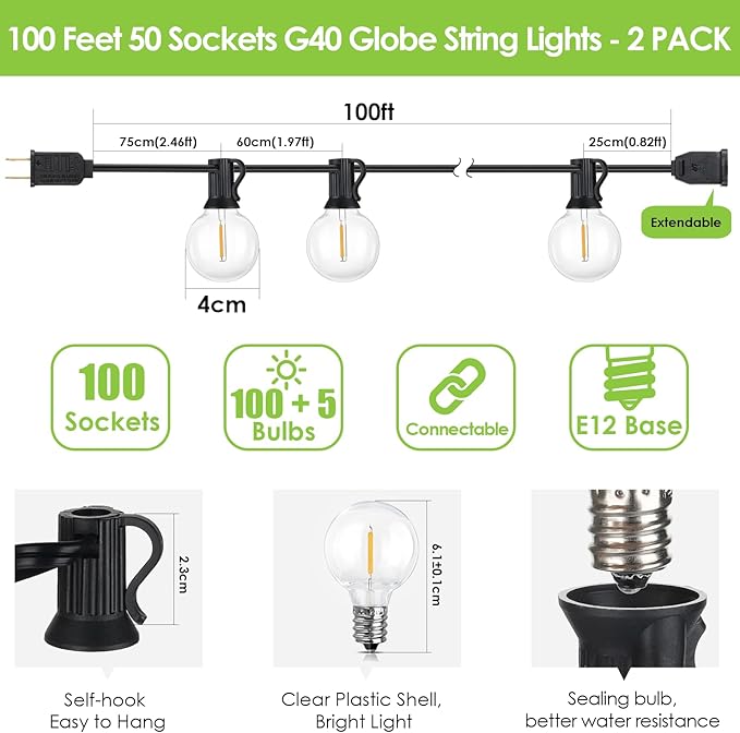 Mlambert 200Ft LED Outdoor String Lights Waterproof Dimmable G40 Globe Patio - Image 4