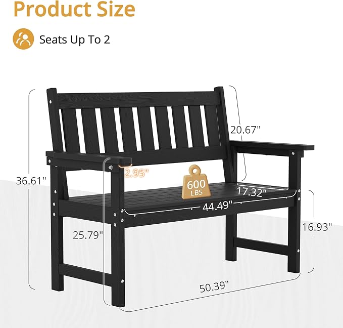LUE BONA Outdoor Bench, 2-Person HDPS Garden Bench, Outdoor Benches Weatherproof - Image 3