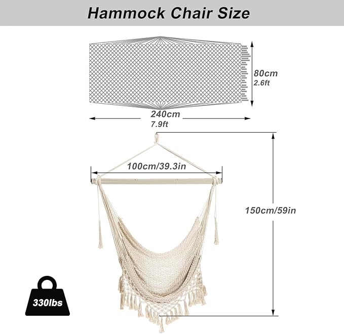 Hammock Chair，Max 330lbs, Large Hanging Chair, Soft Cotton Rope Swing Chair - Image 4