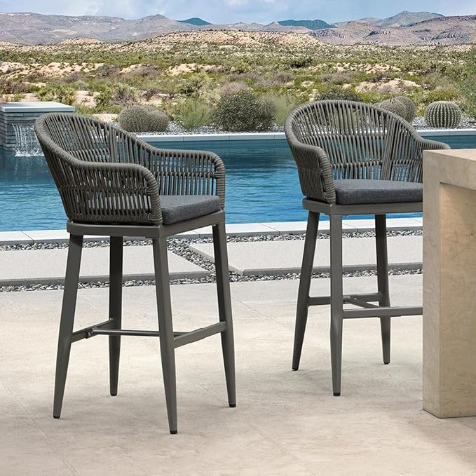 PURPLE LEAF Outdoor Bar Height Stools Set of 2 Patio Metal Modern Wicker Rattan by PURPLELEAF