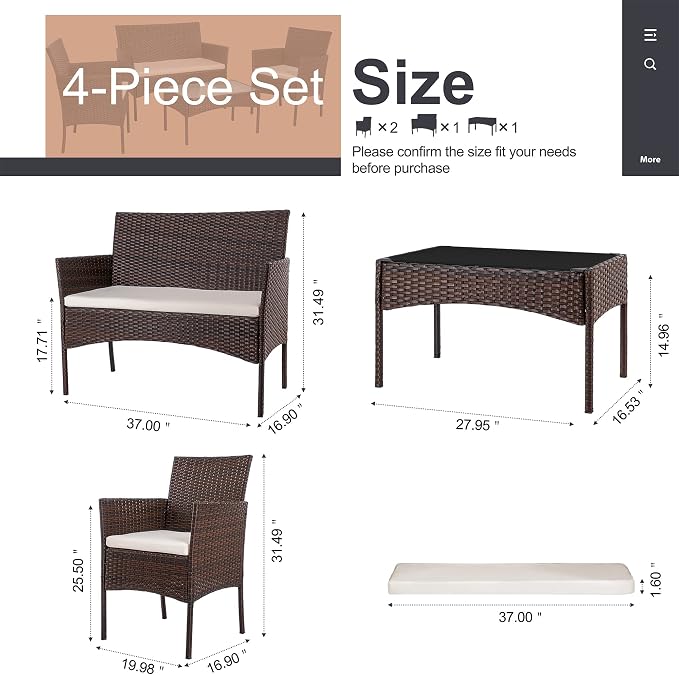 Shintenchi 4 Piece Outdoor Patio Furniture Set, Wicker Rattan Patio - Image 6