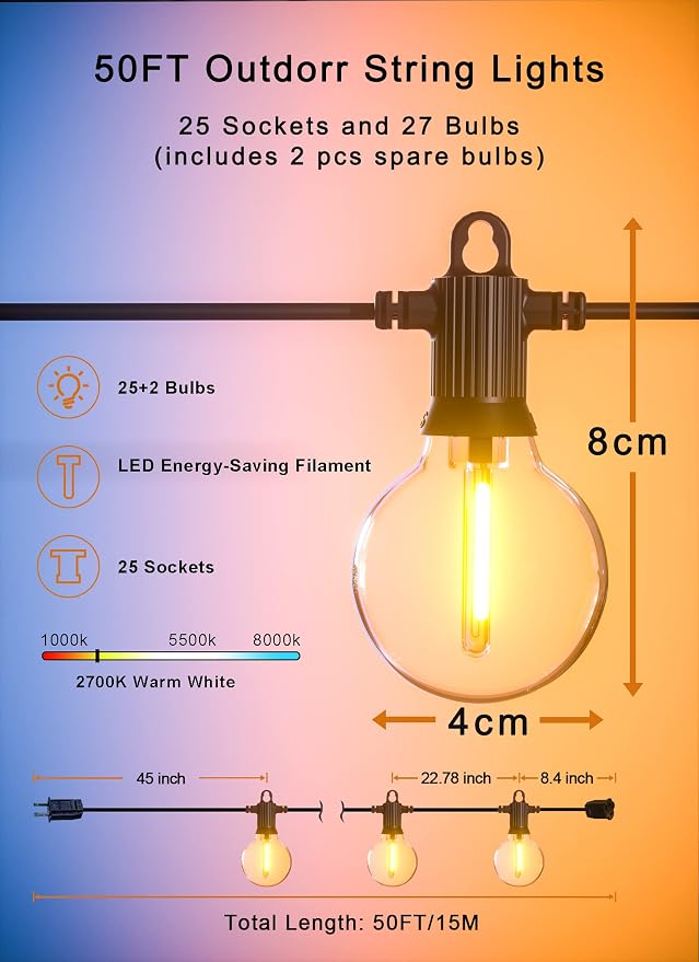 Outdoor String Lights, 50FT Patio Lights Outdoor Waterproof - Image 5