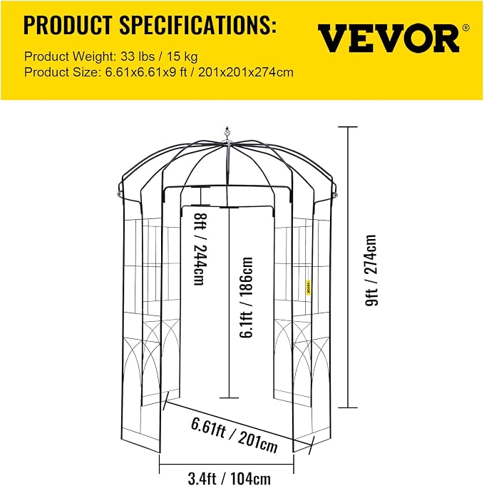 VEVOR Birdcage Shape Garden Arch, Heavy Duty Wrought Iron Arbor, Wedding Trellis - Image 7