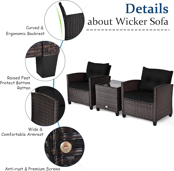Tangkula 3 Pieces Patio Furniture Set, PE Rattan Wicker 3 Pcs Outdoor Sofa Set - Image 7