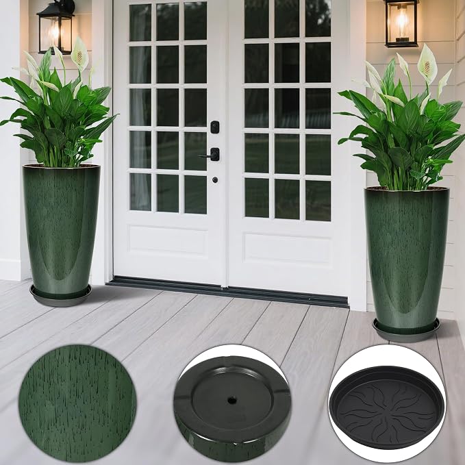 Set of 2 Lightweight Ceramic-Look Tall Planter, 21 inch Large Plastic Planter - Image 4