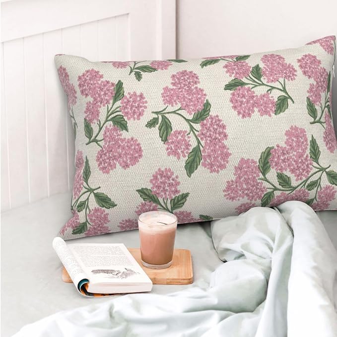 Preppy Pink Pillow Covers 12x20 Inch 2 Pcs Green Hydrangea Flower Decor Throw - Image 2
