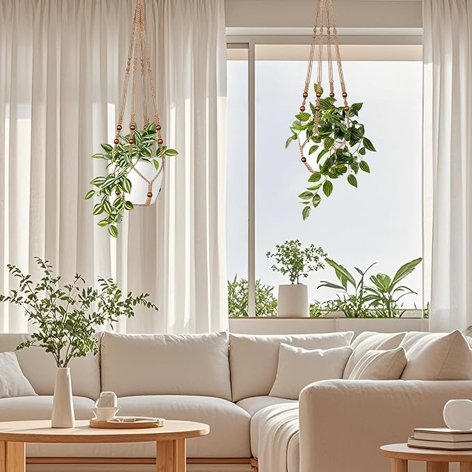 Jute Macrame Plant Hanger Indoor Set of 4 Hanging Planter Basket Flower Pot - Image 2