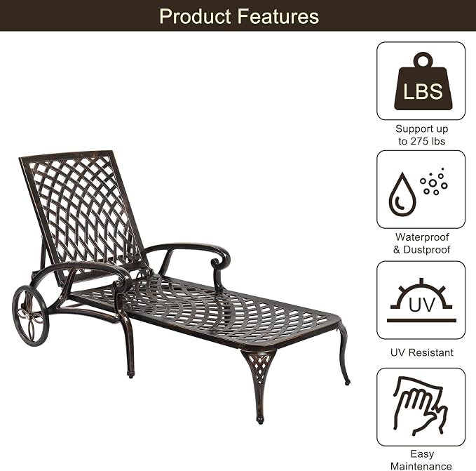 VINGLI Cast Aluminum Outdoor Chaise Lounge Chair - Image 5