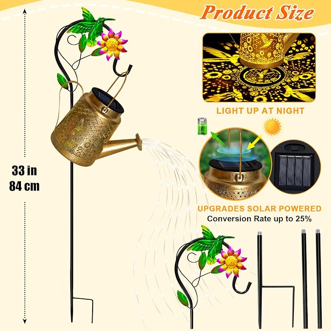 Hummingbird Solar Lanterns Garden Decor, Outdoor Waterproof Watering Can - Image 7