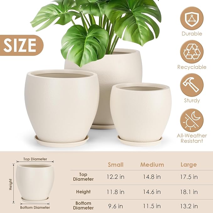 Plant Pots 17.5/14.8/12.2 inch Set of 3, Flower Pots - Image 2
