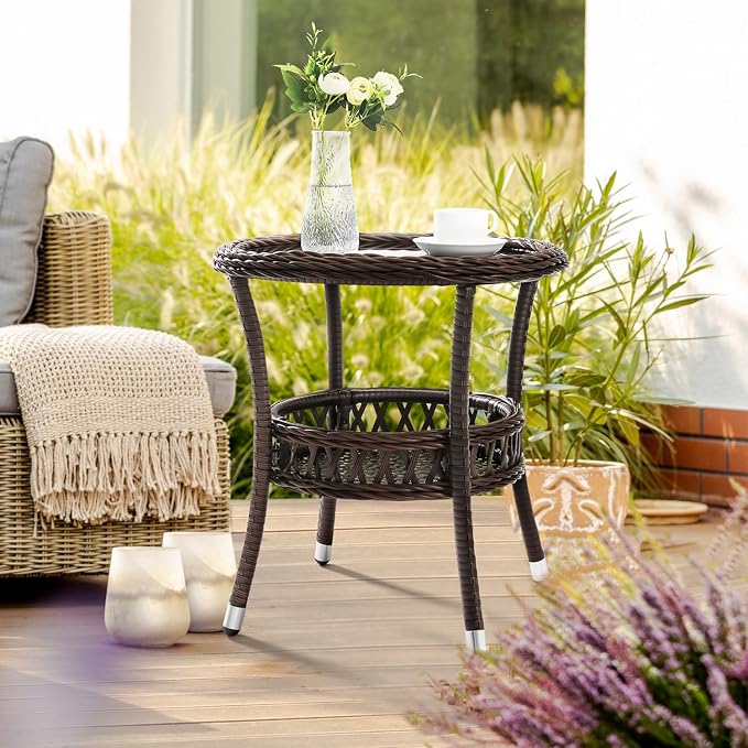 Outdoor Side Table Patio Wicker Coffee Table Outdoor End Table Rattan Bistro - Image 5