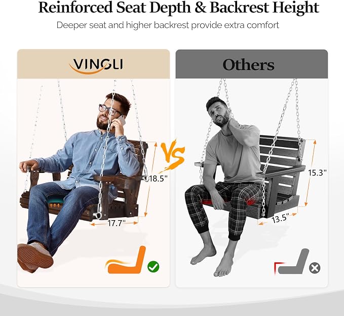 VINGLI Heavy Duty 440 LBS 1-Person Wooden Patio Porch Swing - Image 2