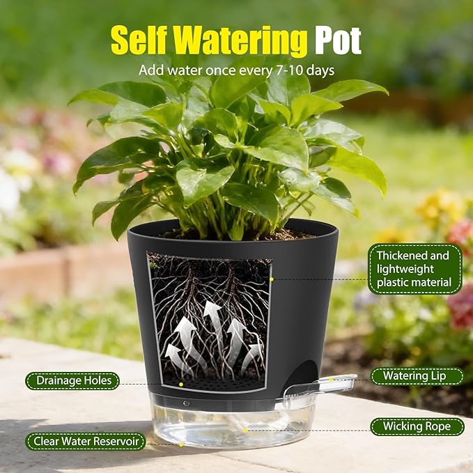 Plant Pots 7 Inch Self Watering Pots, 6 Pack Plastic Planters - Image 4