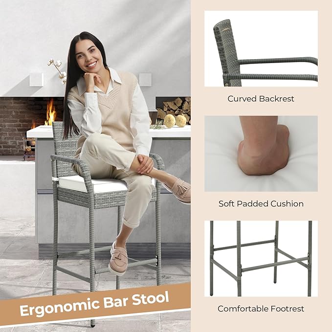 COSTWAY Wicker Bar Stools Set of 2, Patio Bar Height Chairs - Image 3