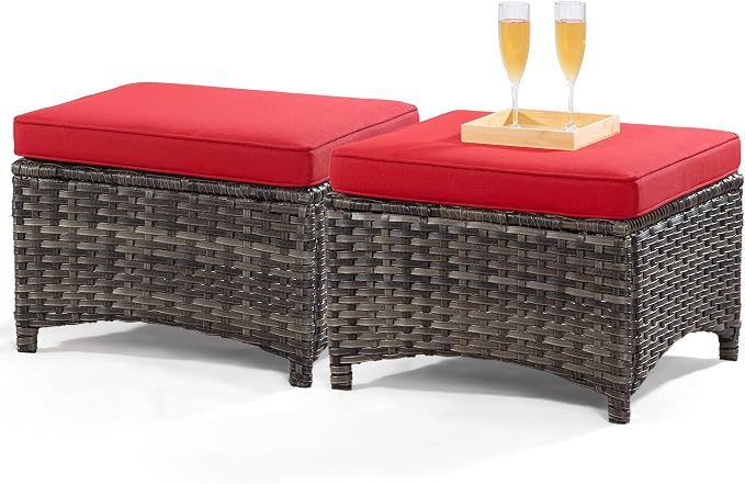 Outdoor Ottomans for Patio Set of 2 PE Wicker Steel Frame Outdoor Footstool - Image 3
