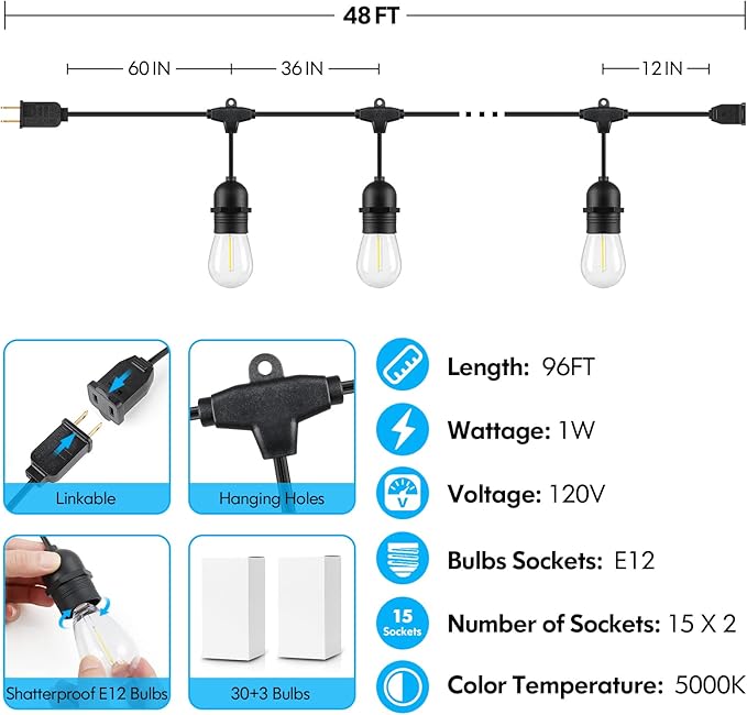 Lakumu 2-Pack 96FT Outdoor String Lights - Image 6