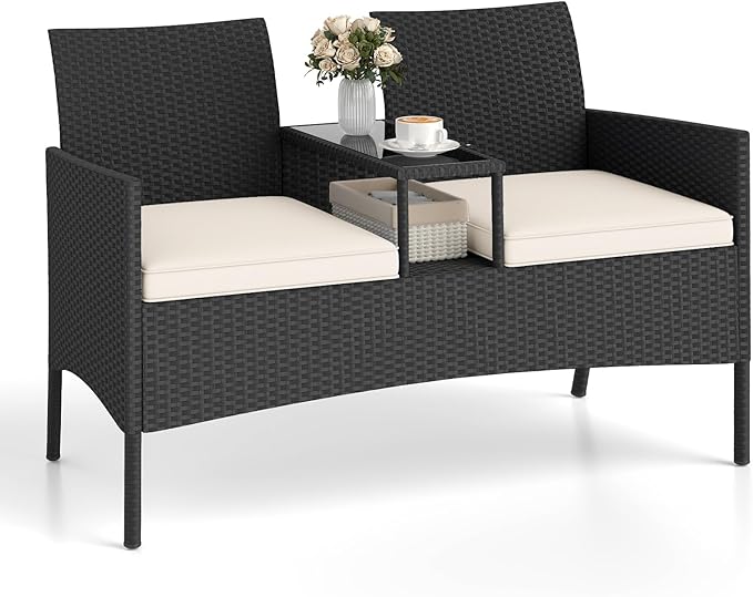 Tangkula Patio Loveseat with Built-in Table, Wicker 2-Seat Furniture with Soft by TANGKULA