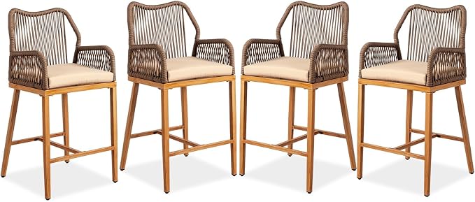 VINGLI Outdoor Counter Height Bar Stools Set of 4, Rattan Outdoor Barstools by VINGLI