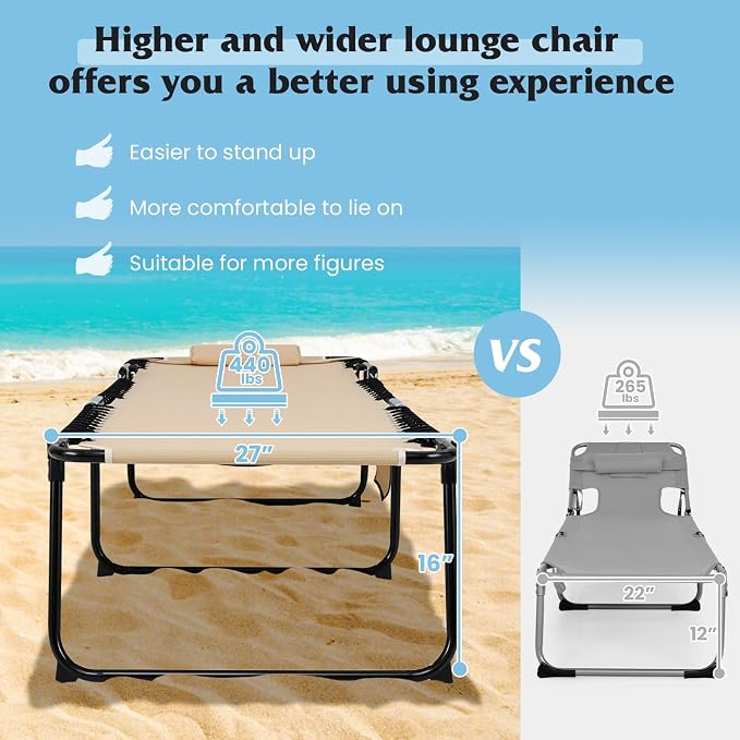 GYMAX Lounge Chair for Outside, 440lbs 27” Oversize Folding Beach Tanning - Image 4