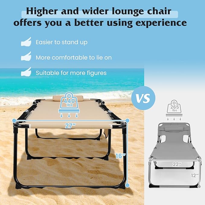 GYMAX Lounge Chair for Outside, 440lbs 27” Oversize Folding Beach Tanning - Image 4