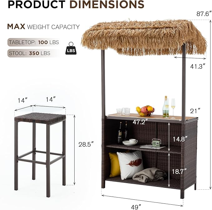 HOMREST Outdoor Tiki Bar Set, 3 Pieces Wicker Patio Bar Set w/2 Height Stools - Image 5