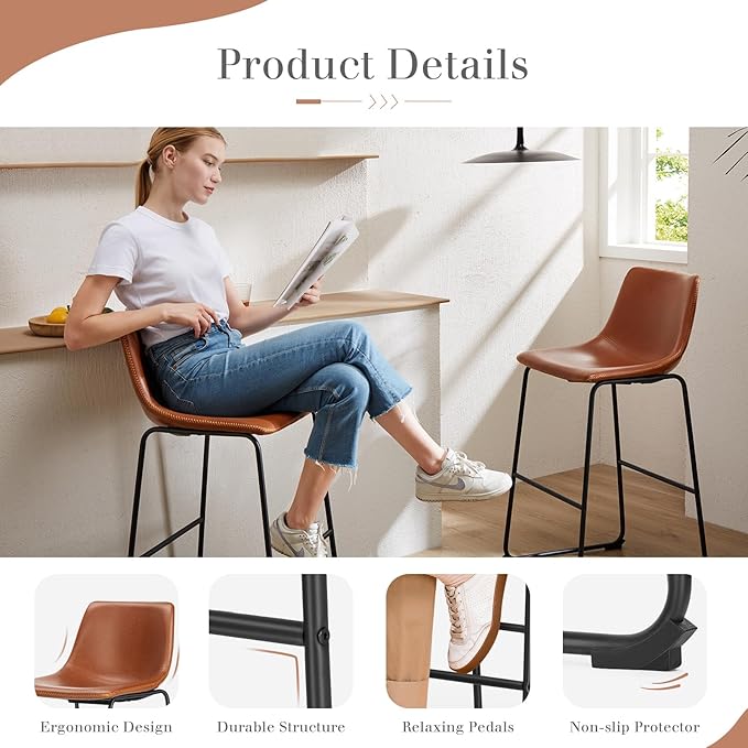 DUMOS 26 Inch Counter Height Bar Stools Set of 2, Modern Faux Leather High - Image 5