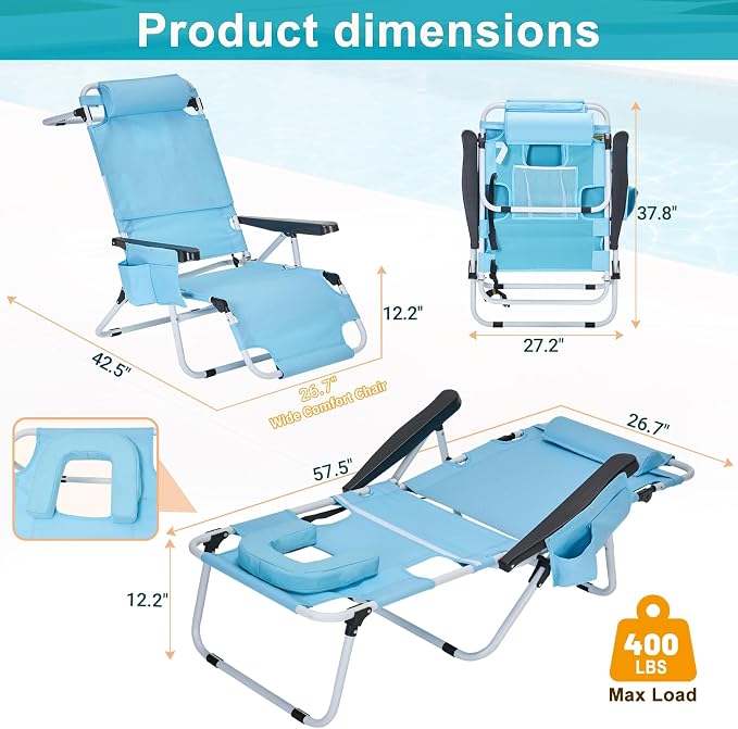 MOPHOTO Oversized Beach Lounge Chair, 5-Position Adjustable Tanning Chair - Image 3