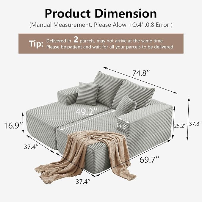 ODUWA Oversized Double Chaise Lounges Indoor, Upholstered Boneless Cloud - Image 2