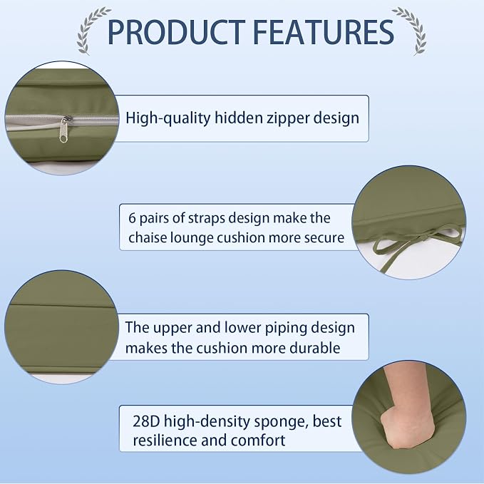 Outdoor Chaise Lounge Cushions Set of 2, Waterproof Fade Resistant Patio - Image 4